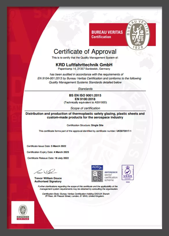 Certyfikat zarządzania jakością zgodnie z DIN EN 9100:2018 dla inżynierii lotniczej